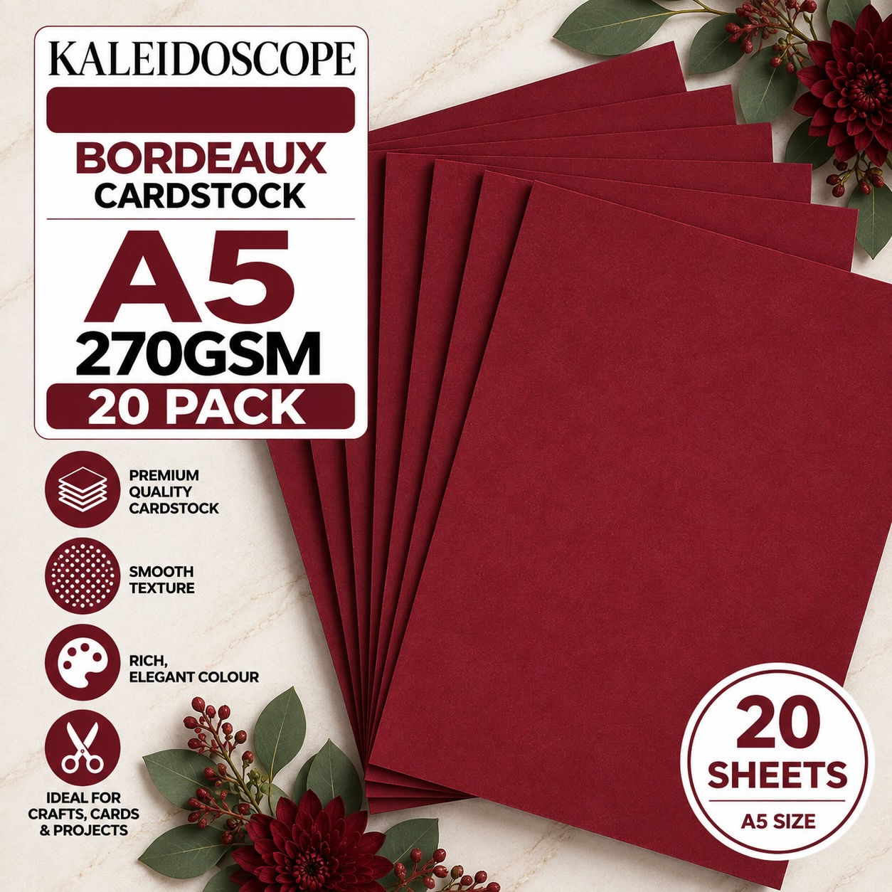 Kaleidoscope Bordeaux A5 Cardstock 270gsm 20 Sheets Dark Red Card 116719