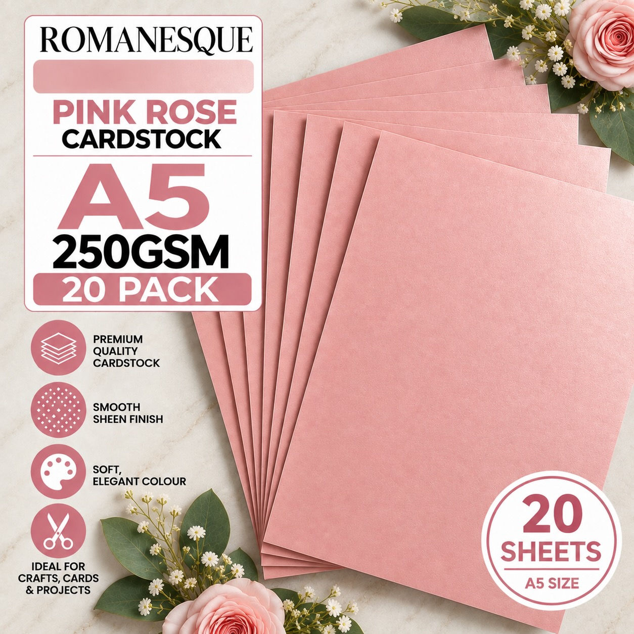 Romanesque Pink Rose A5 Cardstock 250gsm 20 Sheets Metallic Pink 103605