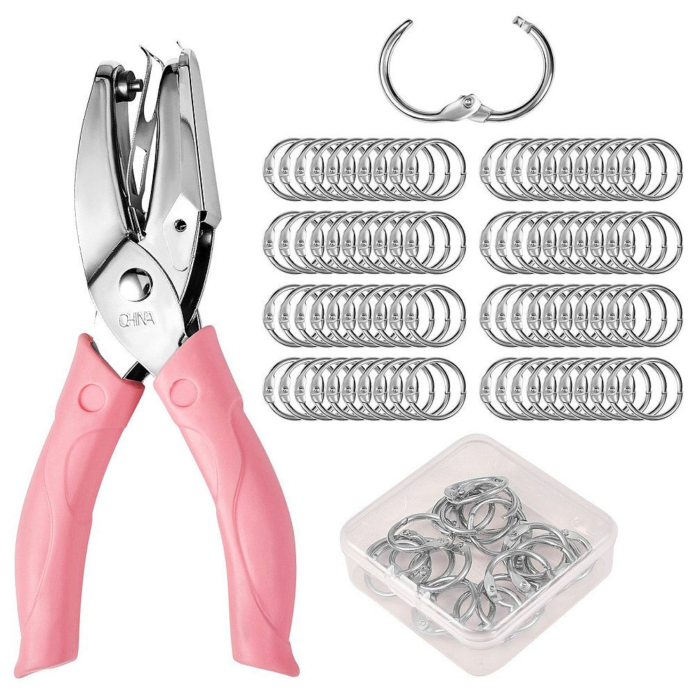 Manual Hole Punch Plier & 20pcs Iron Loose Leaf Book Binder, Hinged Rings Platin