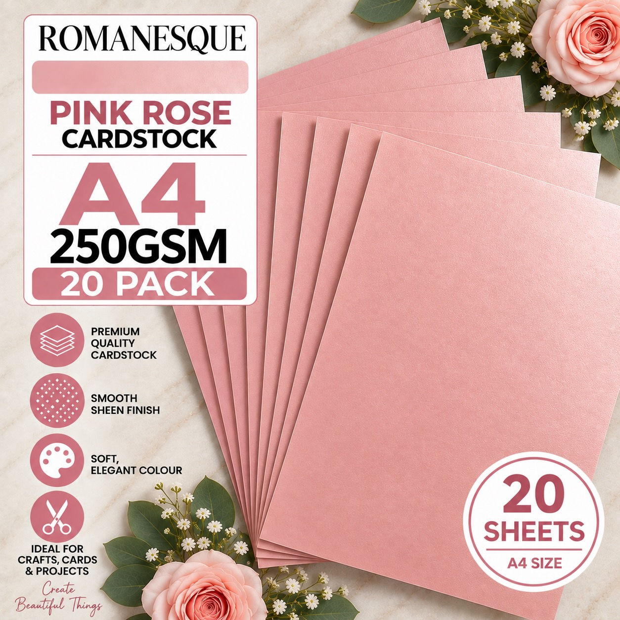 Romanesque Pink Rose A4 Cardstock 250gsm 20 Sheets Metallic Pink 203605