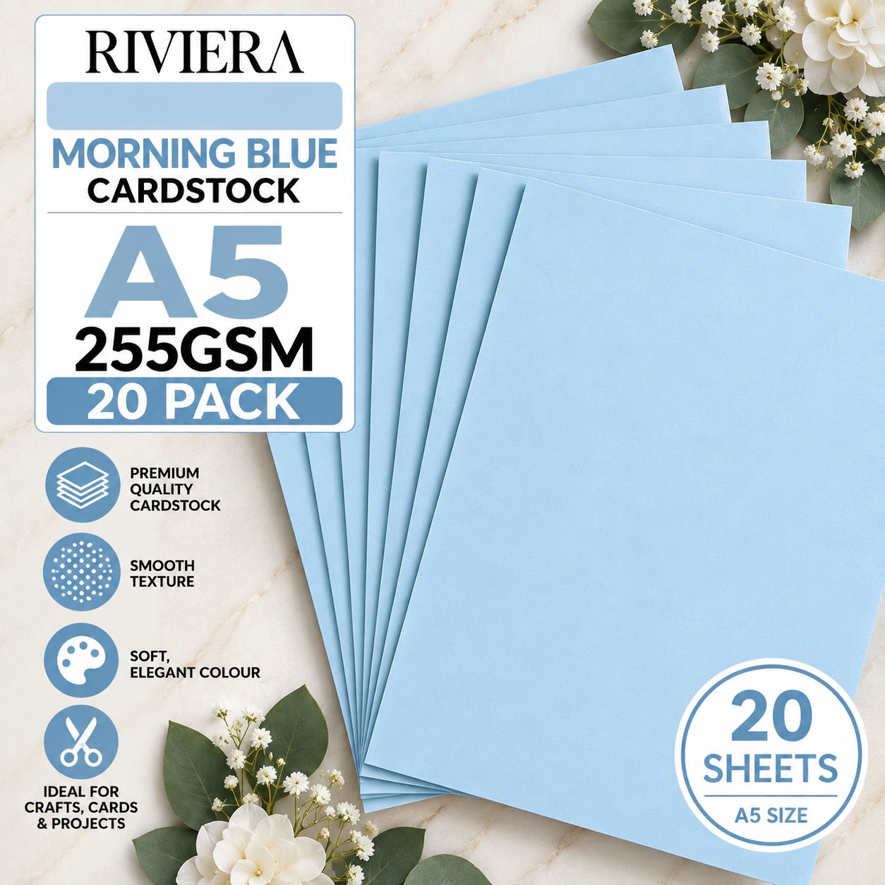 Riviera Morning Blue A5 Cardstock 255gsm 20 Sheets Light Blue Card 112706