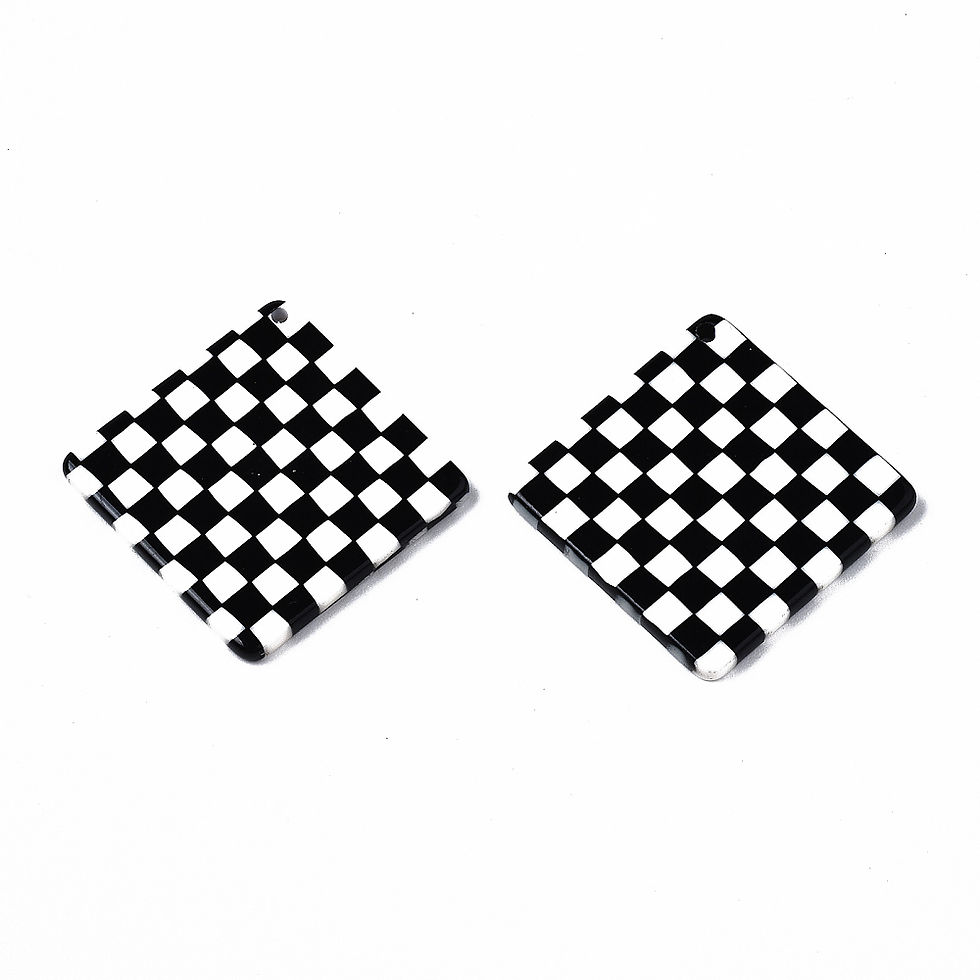 Thumbnail: 4x Opaque Cellulose Acetate Resin Rhombus Grid Pendant Charms Black 34mm Jewelle