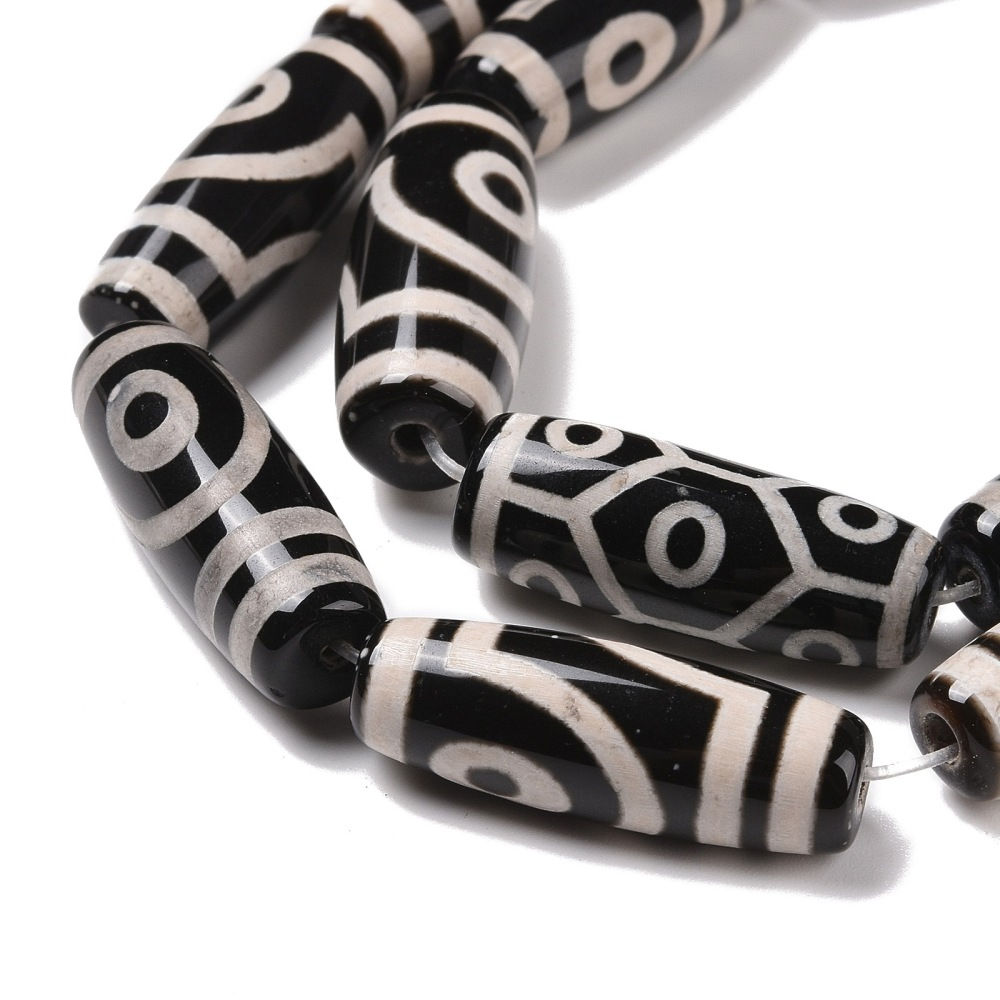 30x10MM Tibetan Style 2-Eye dZi Black and White Agate Oval Beads 14.2' Strand