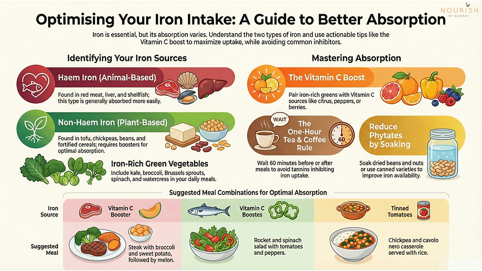 Infographic on optimizing iron intake. Shows animal and plant iron sources, vitamin C benefits, and meal tips for better absorption.