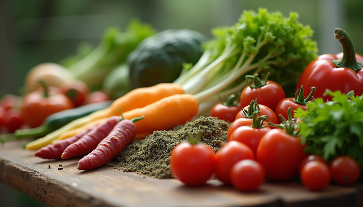 Close-up view of colorful fresh vegetables and fermented foods on a wooden table