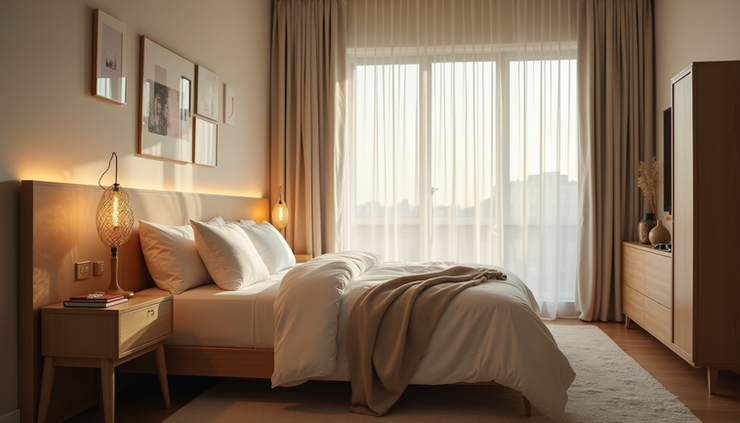 Eye-level view of a cozy bedroom with soft lighting and a neatly made bed