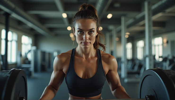 Eye-level view of a woman lifting weights in a gym, focusing on her arm muscles