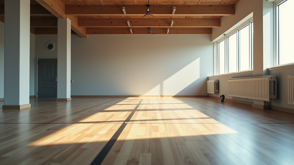 Eye-level view of a serene gym space with natural light and minimal equipment