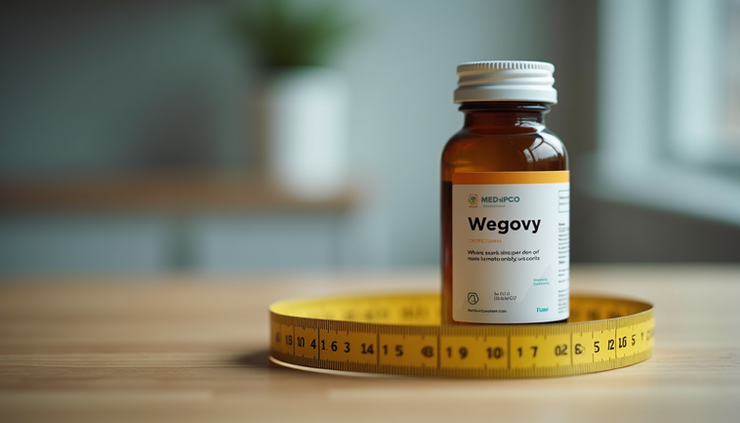 Close-up view of a medication bottle labeled Wegovy with a measuring tape nearby