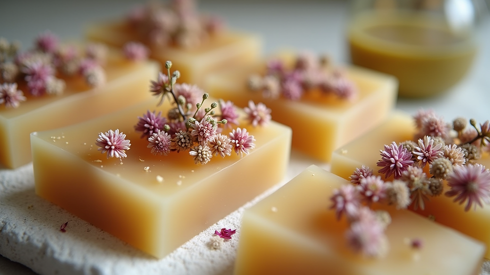 Eye-level view of handcrafted natural soap bars with dried flowers