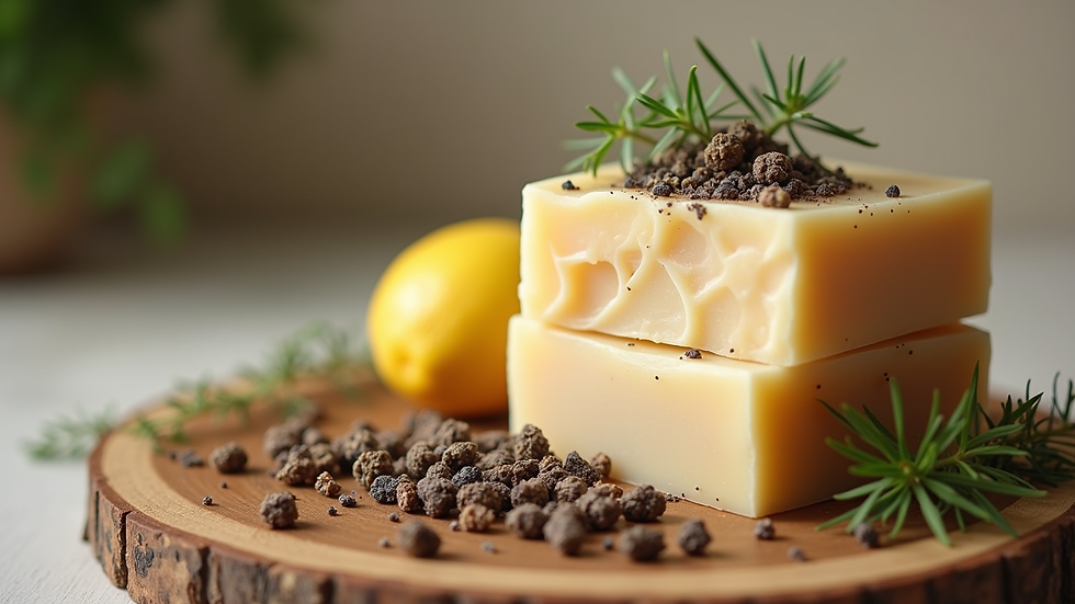 Close-up view of natural soap bars with herbs on wooden surface