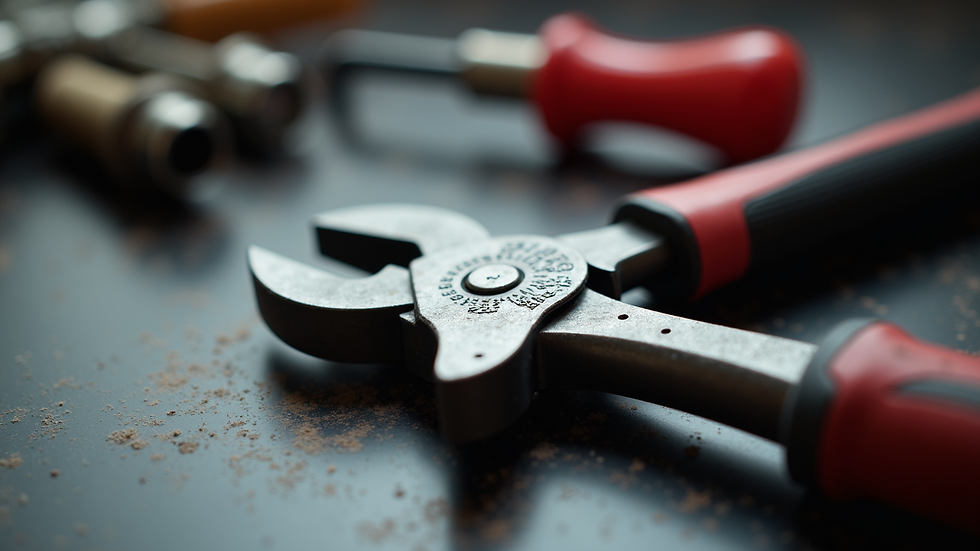 Eye-level view of a plumbing tool kit on a working surface