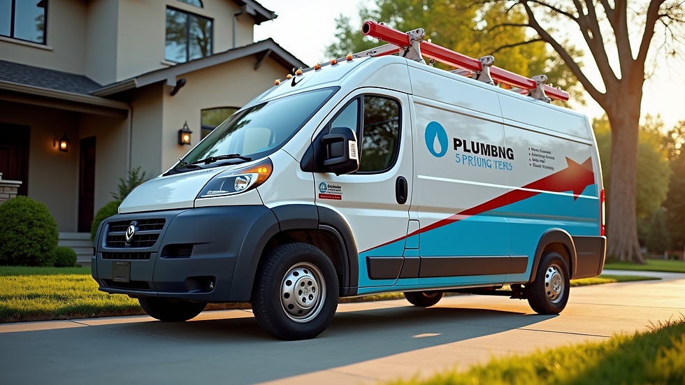 Eye-level view of a clean, modern plumbing service van parked outside a house