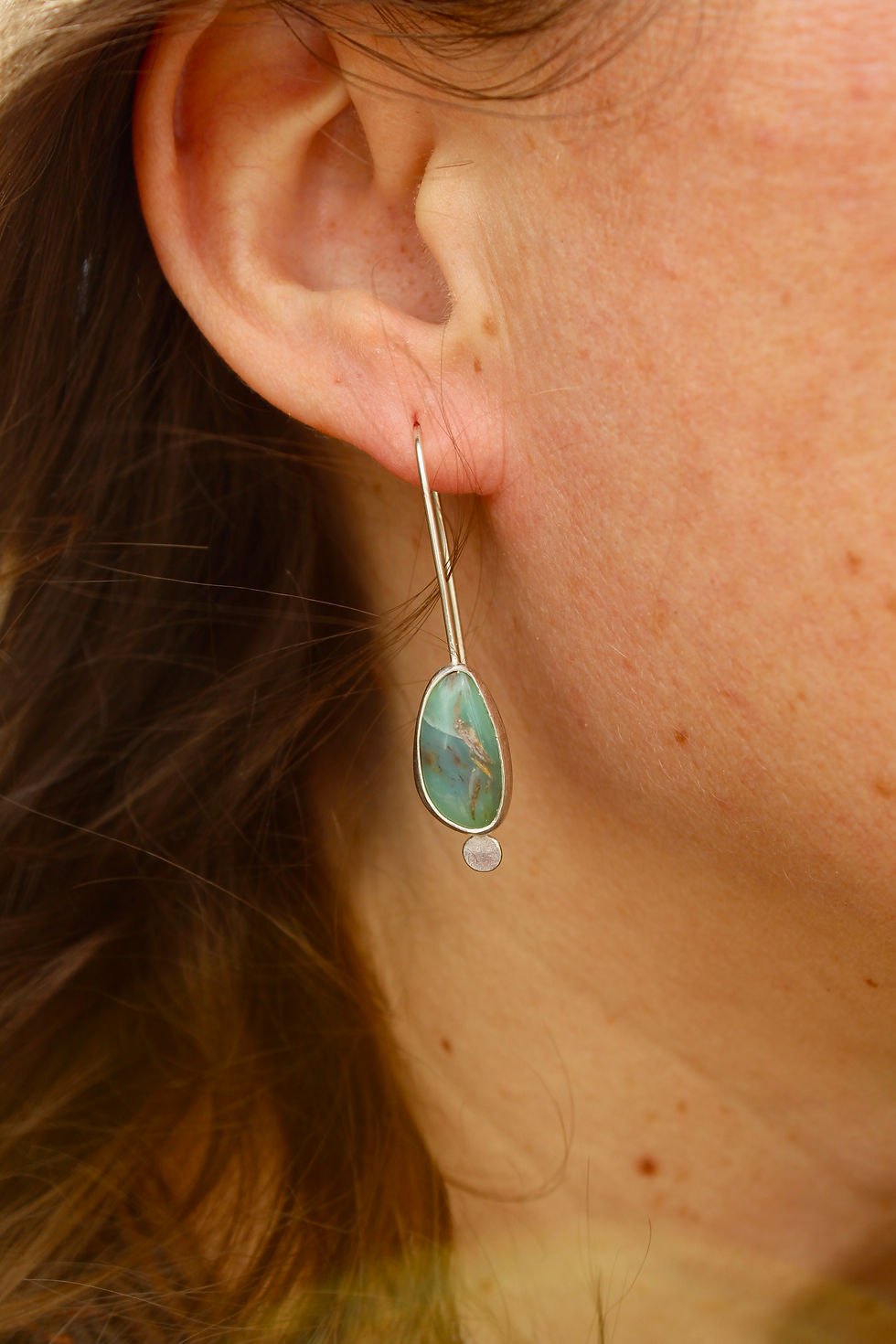 Thumbnail: PERUVIAN OPAL SILVER DROP EARRINGS. TURQUOISE GREENS.