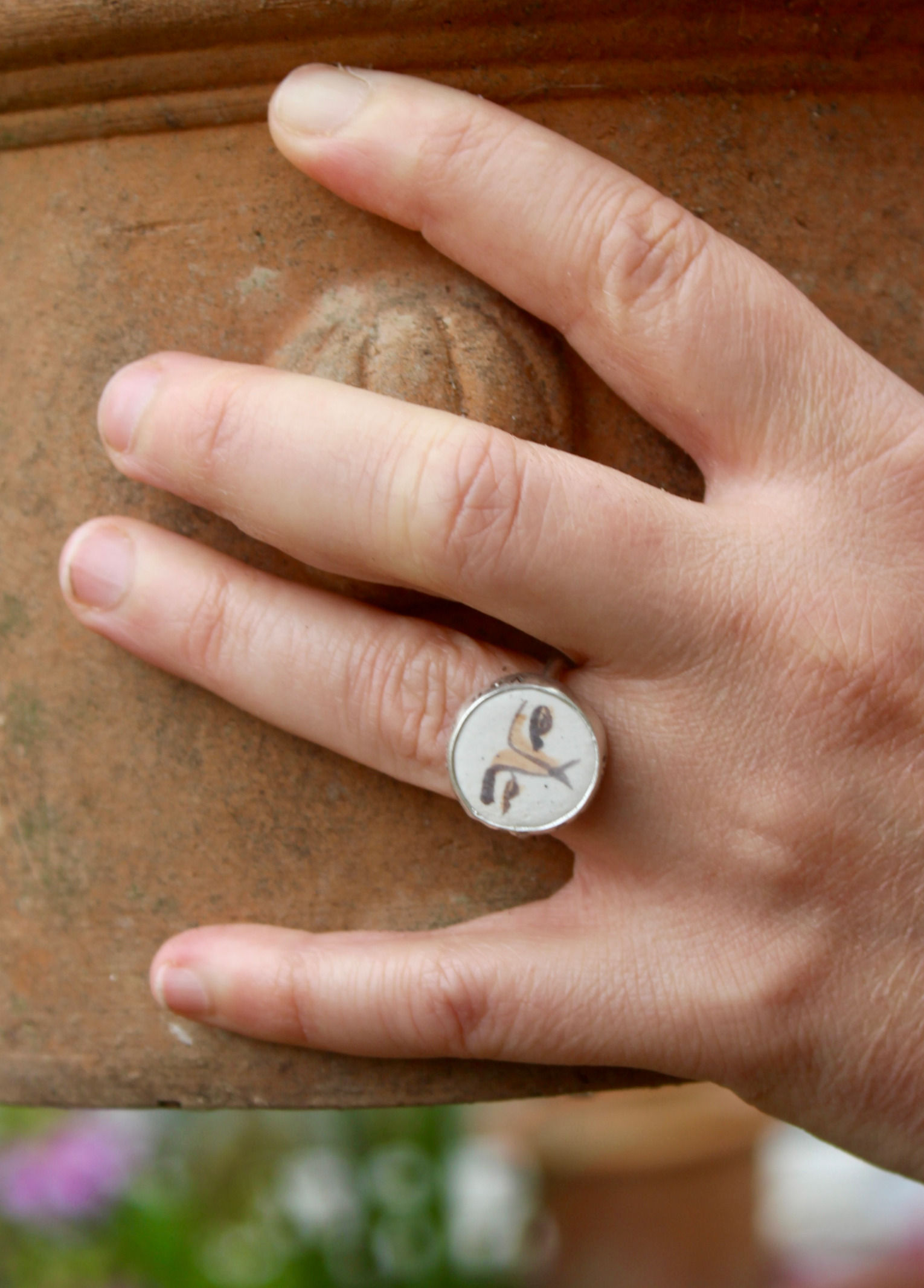 SILVER & CLAY HAND PAINTED 'YOU AND I ARE EARTH' FACE RING
