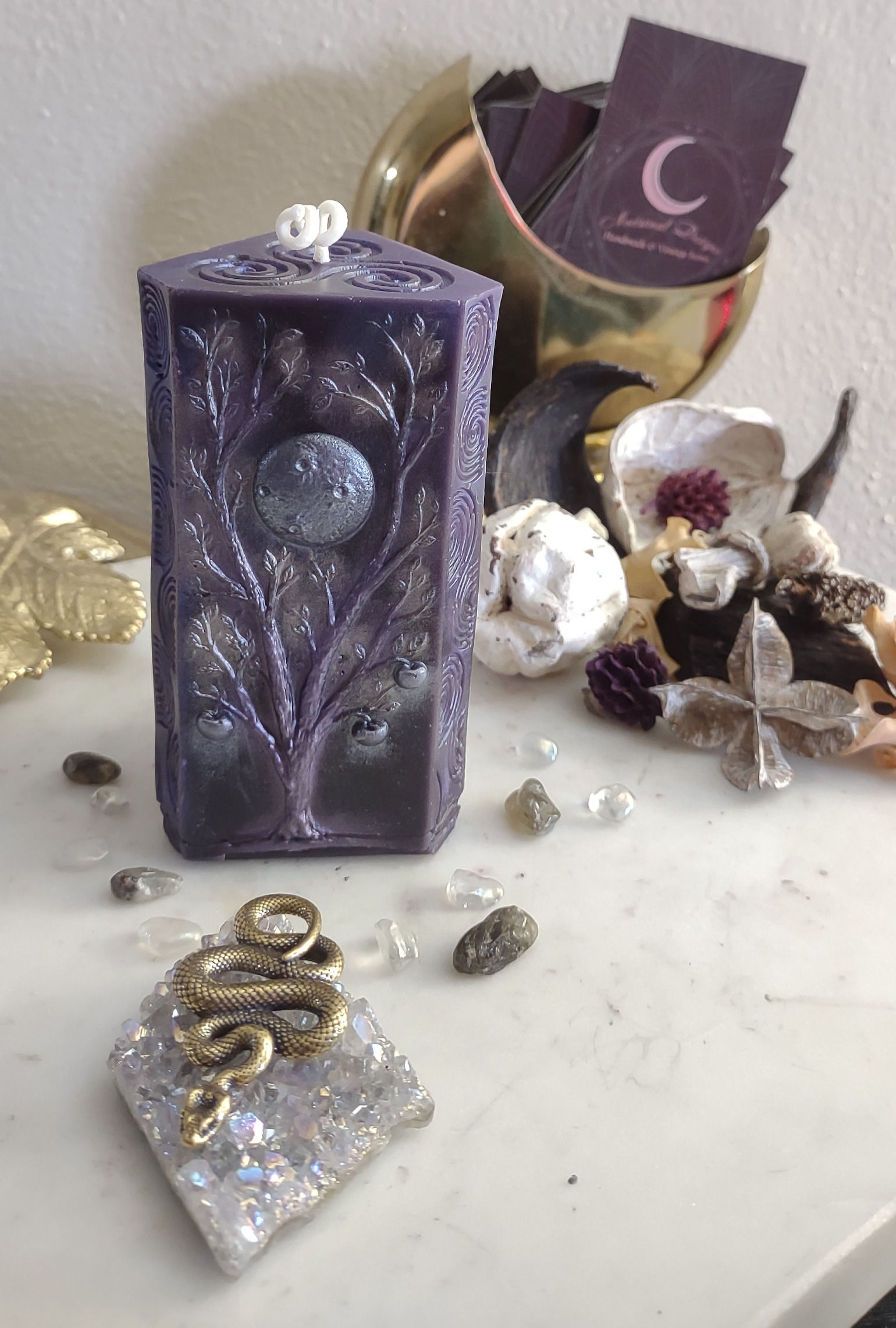 Triskelion Moon Goddess Moon Phases Candle in Purple Beeswax Candle