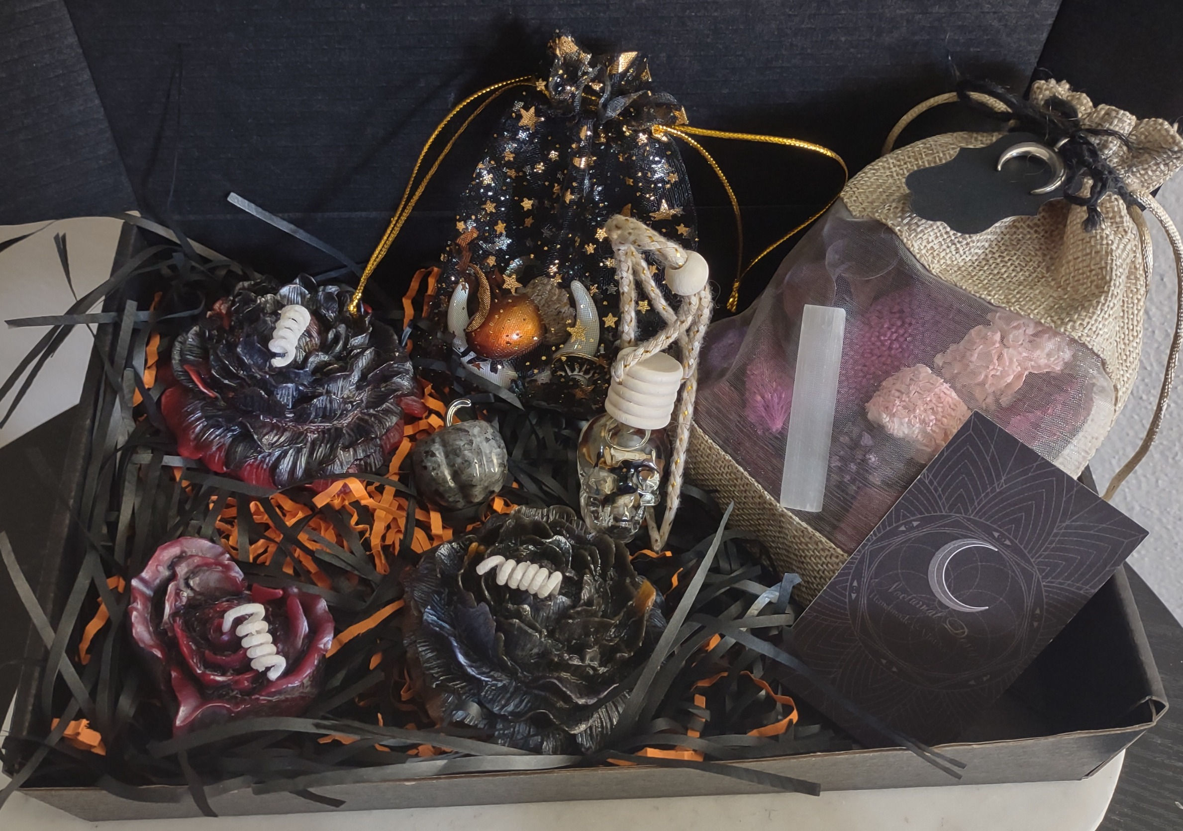 Gothic Beeswax large peony flower candle gift set with potpourri and skull car diffuser by Nocturnal Designs