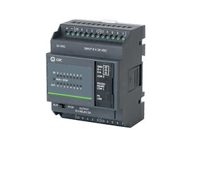 The image shows a programmable logic controller (PLC) module. The module has several input and output terminals, labeled as "INPUT 8 X 24 VDC" and "OUTPUT 8 X RELAY/5A." There are also indicators for "RUN" and "STOP" states, and communication ports labeled "RS232/RS485 COM1" and "RS485 COM2." The module is powered by a 24 VDC supply. PLCs are used in industrial automation to control machinery and processes, ensuring efficient and reliable operations.