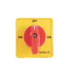 The image shows a rotary switch with a yellow background and a red handle. The switch has three positions labeled "OFF" at the top and "ON" on both the left and right sides. The word "select" is written at the bottom of the switch. This type of switch is commonly used in electrical circuits to control the flow of electricity by turning the handle to the desired position.