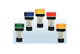 The image shows five push button switches with different colored caps. The colors of the caps are blue, yellow, red, green, and orange. Each switch has a cylindrical body with a label that reads "select." These switches are typically used in industrial or electronic control panels to operate machinery or other devices. The variety of colors can be used to indicate different functions or statuses.
