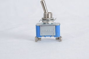 The image shows a toggle switch. The toggle switch has a metallic lever that can be flipped to different positions to open or close an electrical circuit. The body of the switch is blue with a metallic top and bottom. There are two screw terminals at the bottom for connecting wires. This type of switch is commonly used in various electronic and electrical applications to control the flow of current.
