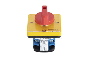 The image shows a rotary switch with a red handle and a yellow base. The switch has three positions labeled "ON," "OFF," and "ON." The base of the switch has the text "select" and "3 PHASE" written on it. This type of switch is used to control electrical circuits, especially in three-phase systems, and is commonly found in industrial or commercial settings where multiple electrical phases need to be managed.
