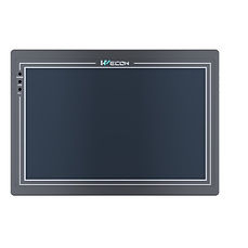 The image shows a flat-panel display device, likely a touchscreen monitor or an industrial panel PC. The device has a dark screen with a thin white border and a thicker gray frame.There are also three small circular buttons or indicators on the left side of the frame. This type of device is commonly used in industrial settings for monitoring and controlling machinery or processes.