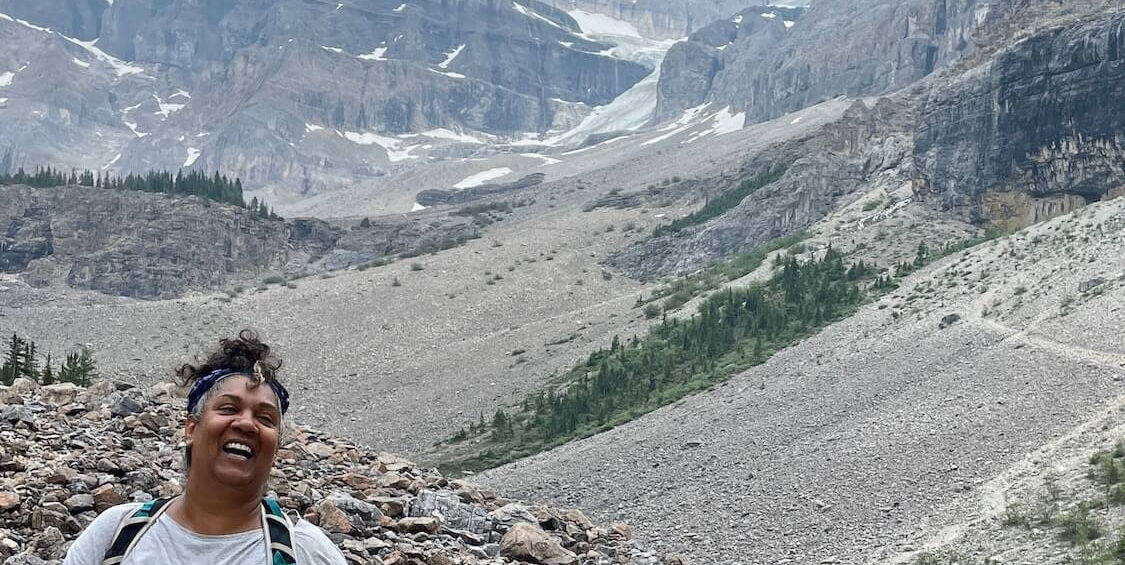 Hiking on a trail in the Canadian Rockies.