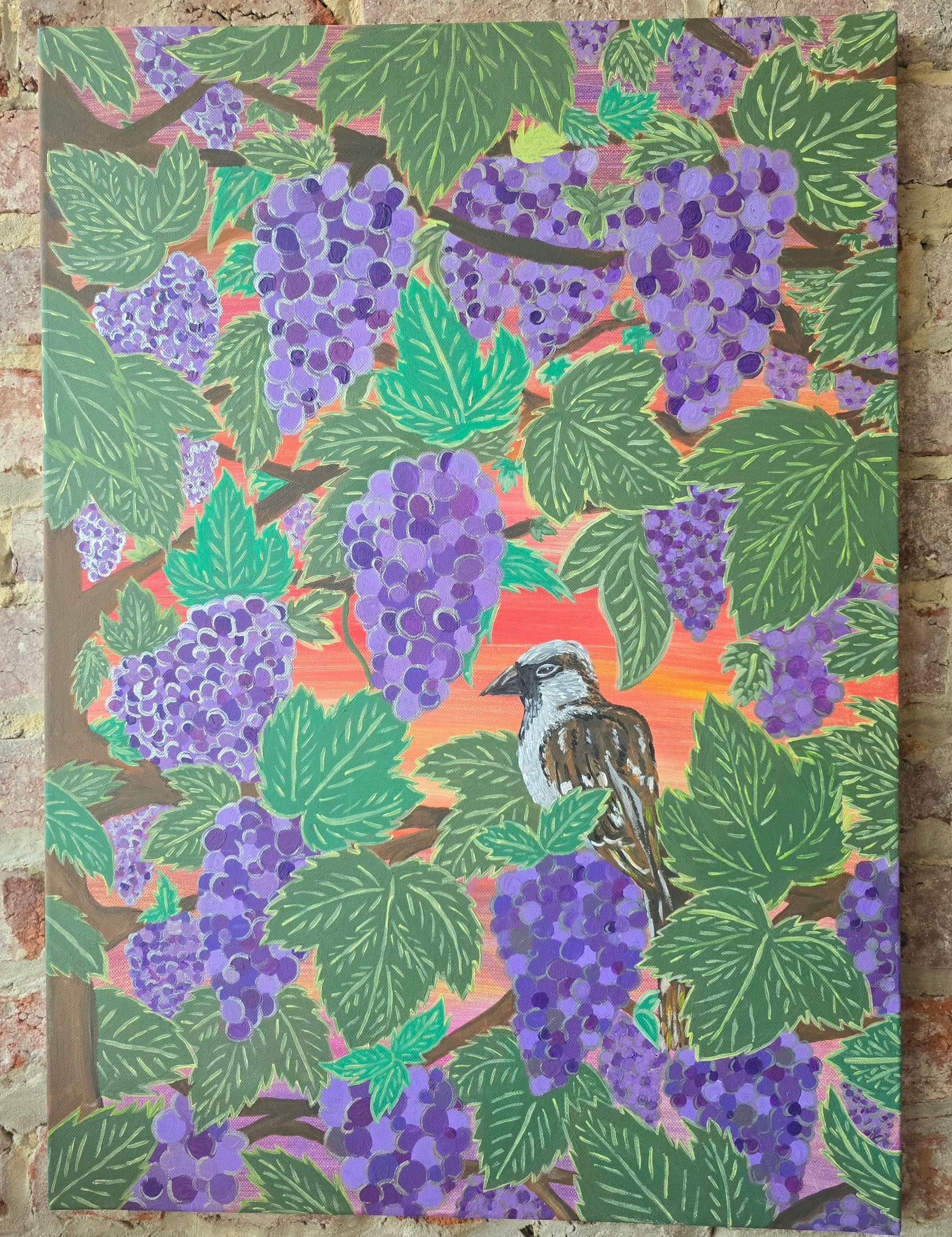 « L'oiseau parmi les raisins » - Peinture acrylique originale 70 x 50 cm
