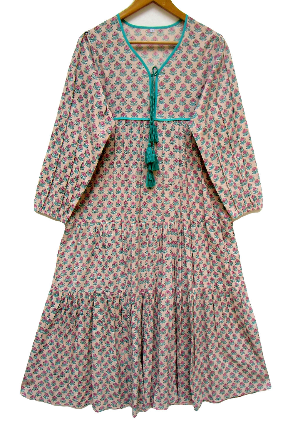 Cotton pastel pink and turquoise floral printed women's wear tier maxi dress