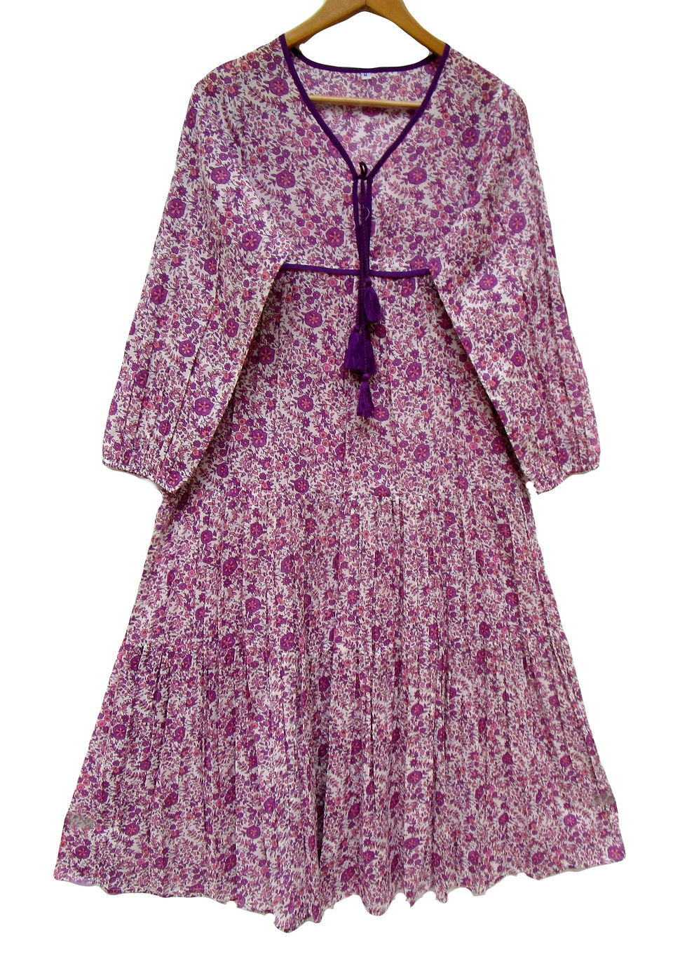 Cotton purple floral printed women's wear tier maxi dress