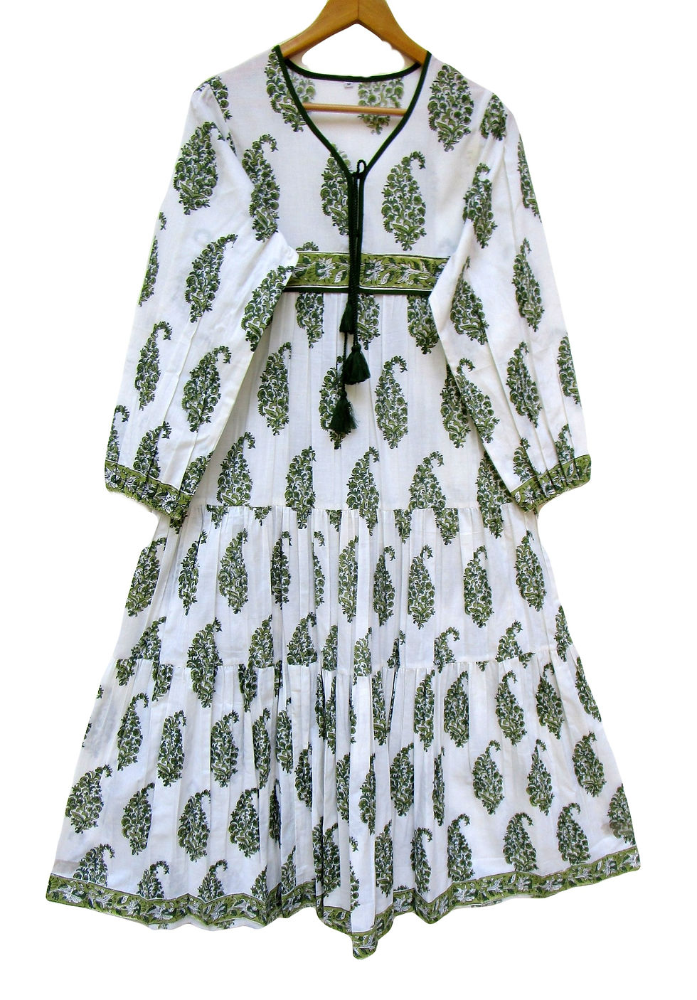 Cotton green paisley printed women's wear tier maxi dress