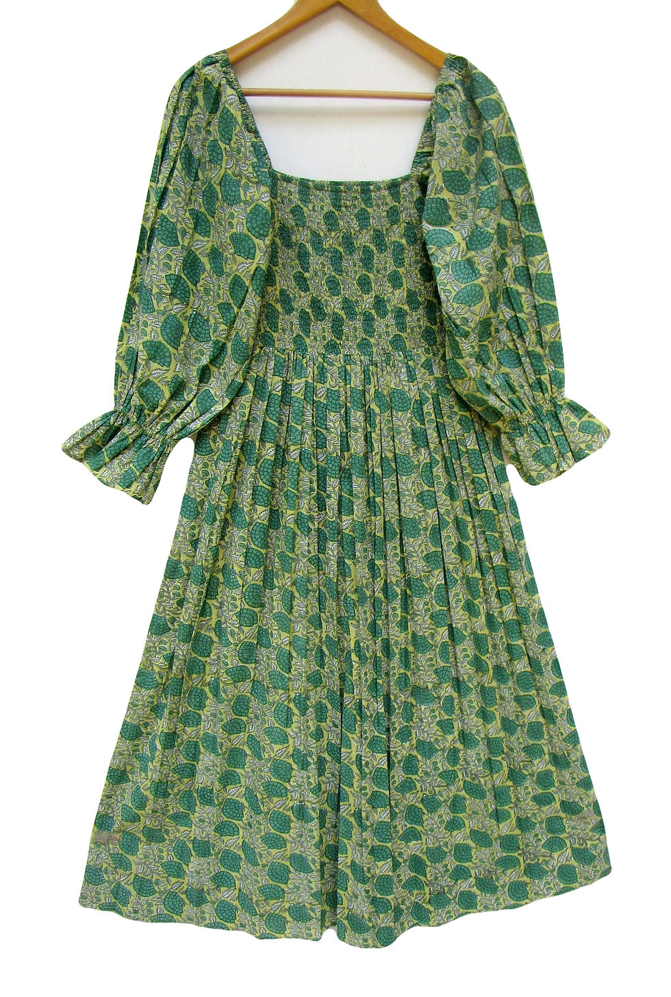 Cotton pine green printed women's wear A-line maxi dress