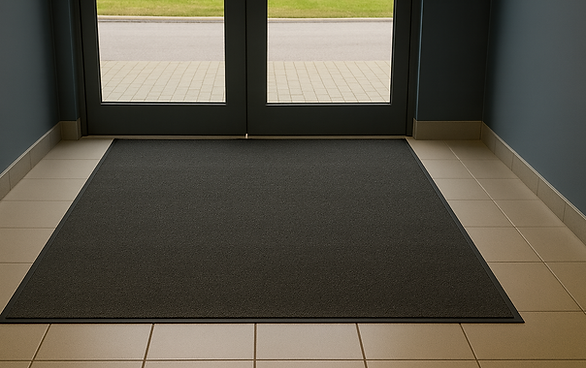 PP&M Solutions entrance mat covering full doorway width inside a commercial building lobby.