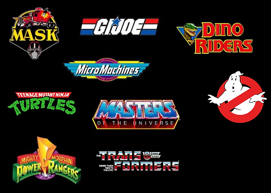 Logos of popular 1980s and 1990s toy lines including GI Joe, Ghostbusters, TMNT, Transformers, and Masters of the Universe