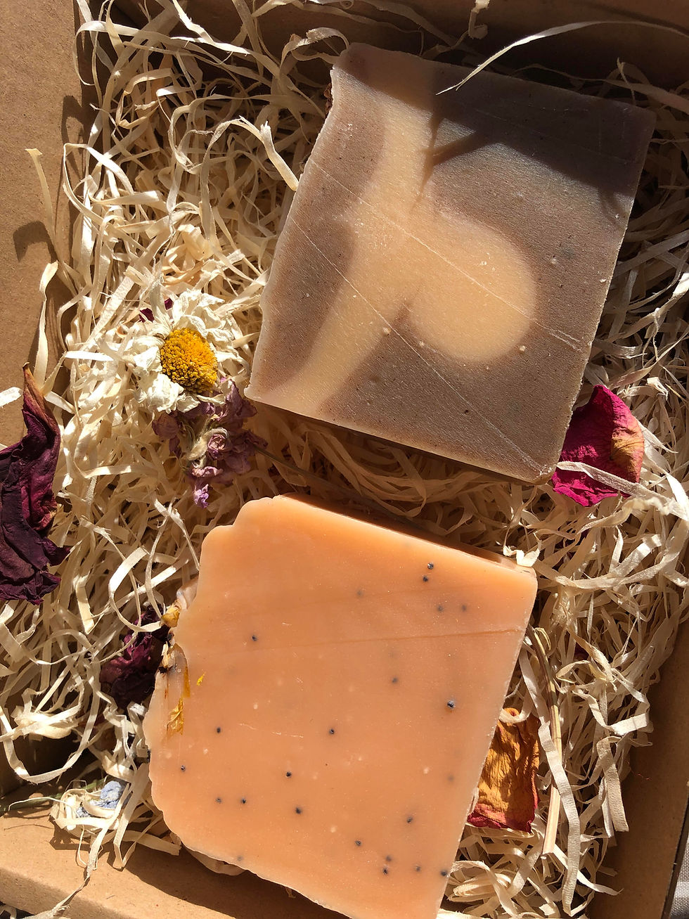 Thumbnail: Agift box of two soaps an orange soap infused with poppy seeds and a green tea and grapefruit soap .