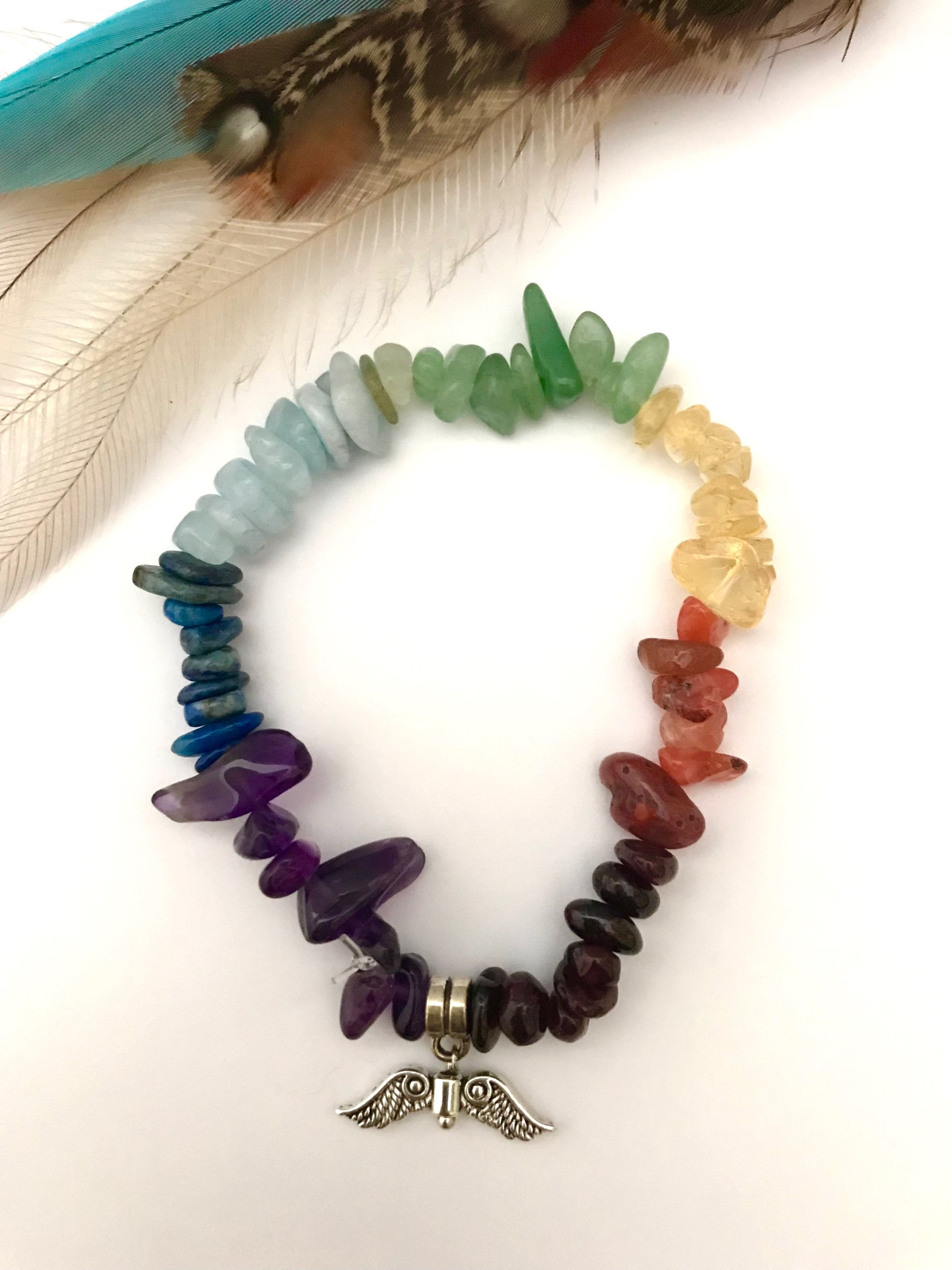 Chakra Stone Angel Wing Charm Bracelet