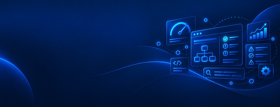 Wide dark blue background with glowing UI panels, speed gauge, charts and analytics icons on the right, wide landscape.