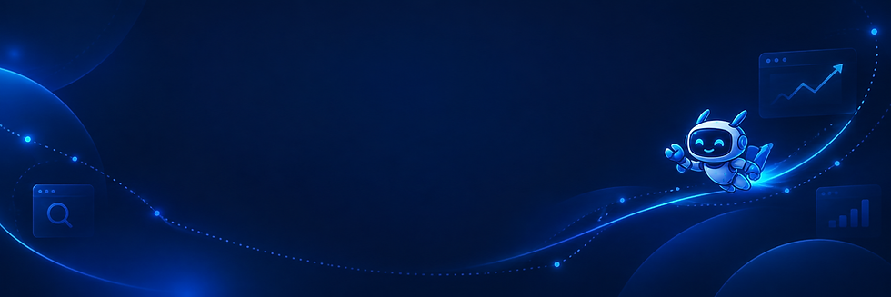 Wide dark blue AI-themed background with a cute white-blue robot character on the right