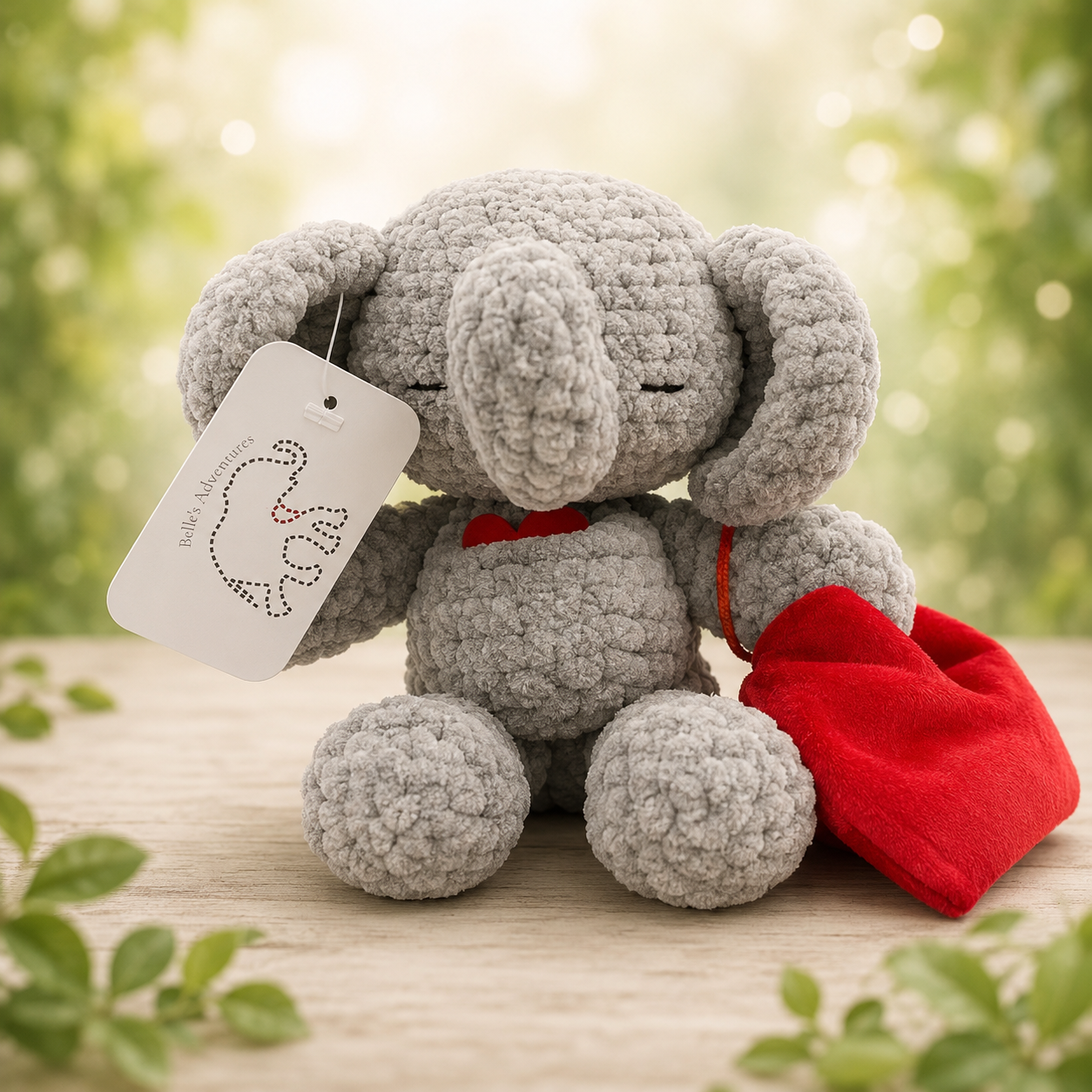 Belle the Elephant (Hand Crafted Plush) with Removable Warming Heart
