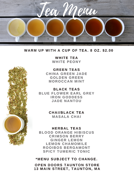 tea menu, Open Doors Tea Shop, Taunton MA, MEM Teas, Sell loose leaf teas, tea gifts