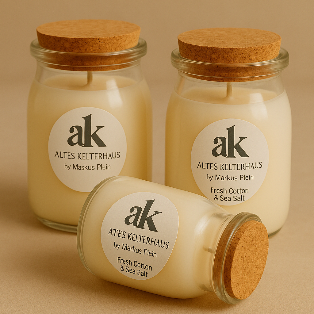 3 weiße Duftkerzen im Glas mit Korkverschluss