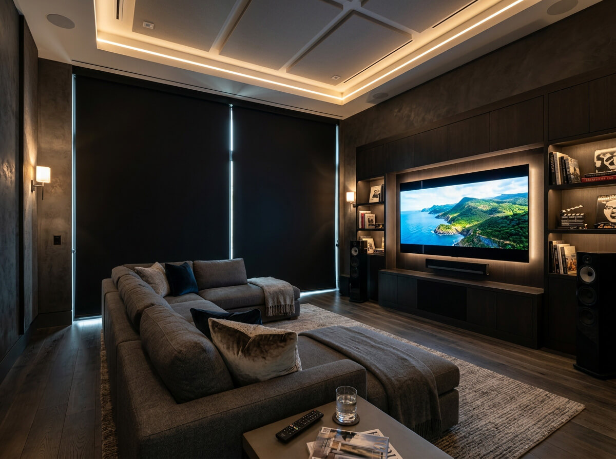 Blackout roller shades installed in a media room