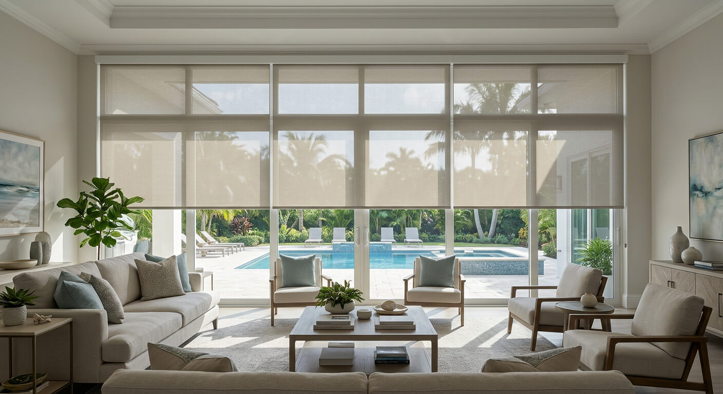Motorized solar shades installed in a luxury Florida living room