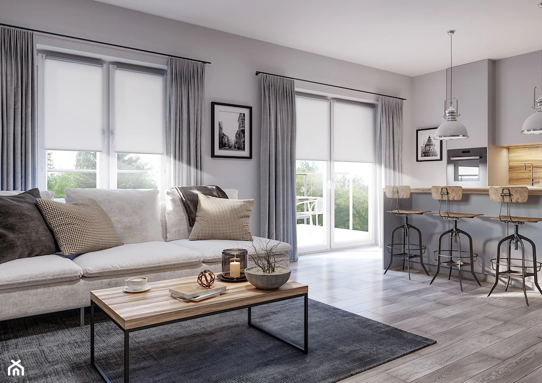 Neutral living room with light-filtering roller shades