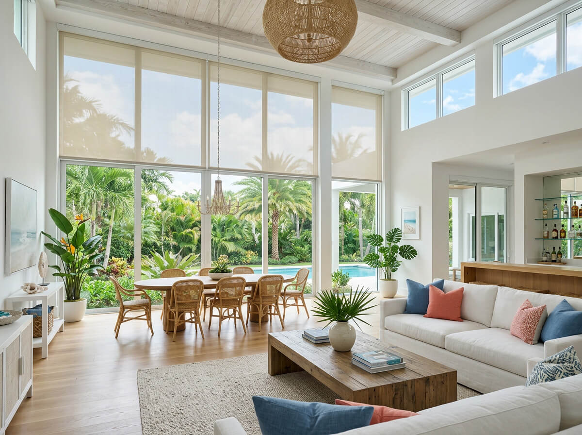 Solar shades installed in a bright Florida living space