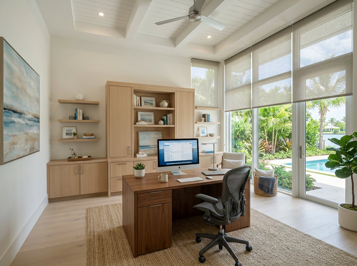 Solar roller shades installed in a modern home office
