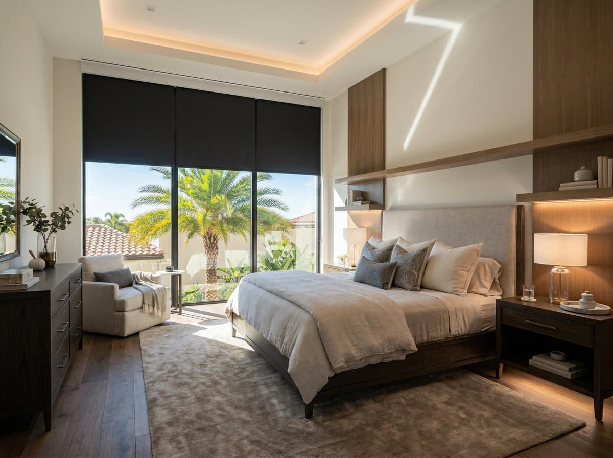 Motorized blackout shades installed in a Florida bedroom