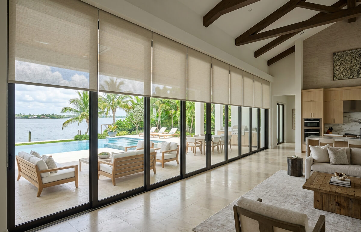 Motorized roller shades installed across large sliding glass doors
