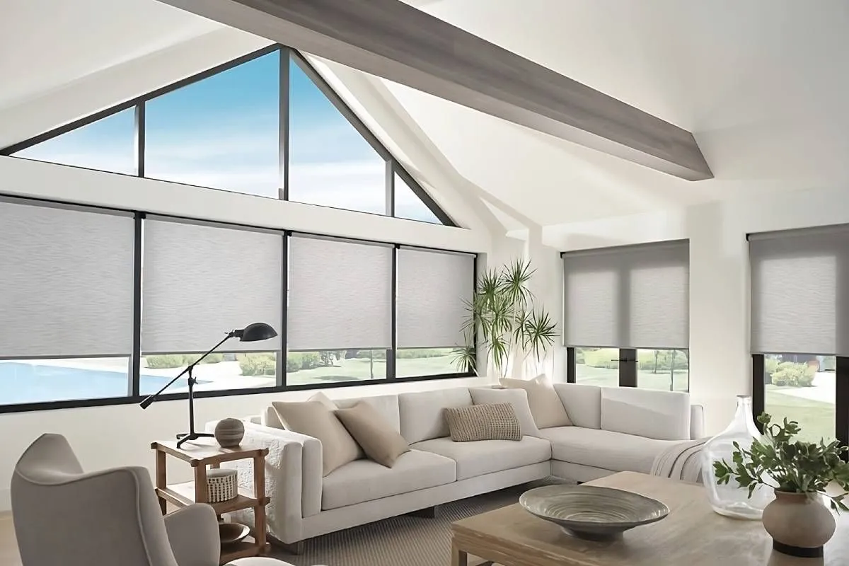 Bright modern living room with solar roller shades